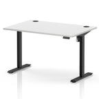 An adjustable height standing desk with a white rectangular desktop and black metal legs, shown on a clean white background.