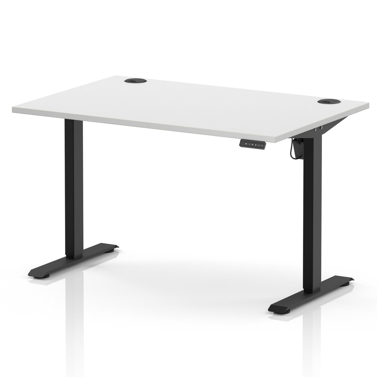 An adjustable height standing desk with a white rectangular desktop and black metal legs, shown on a clean white background.