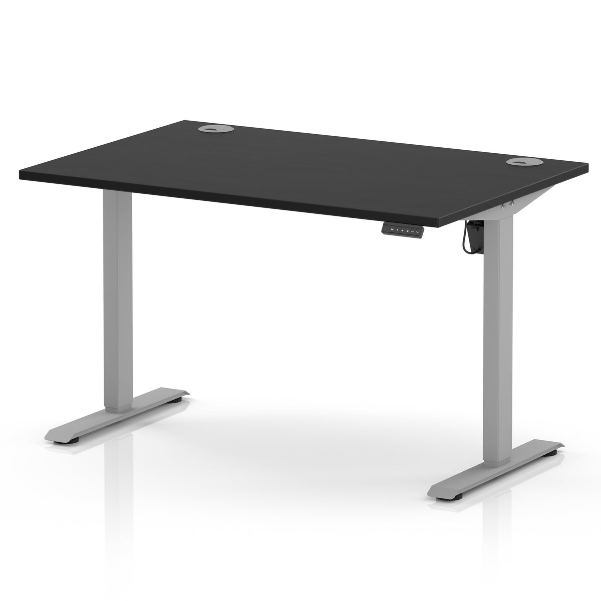 An electric height-adjustable standing desk with a black top and silver metal legs, shown on a clean white background.
