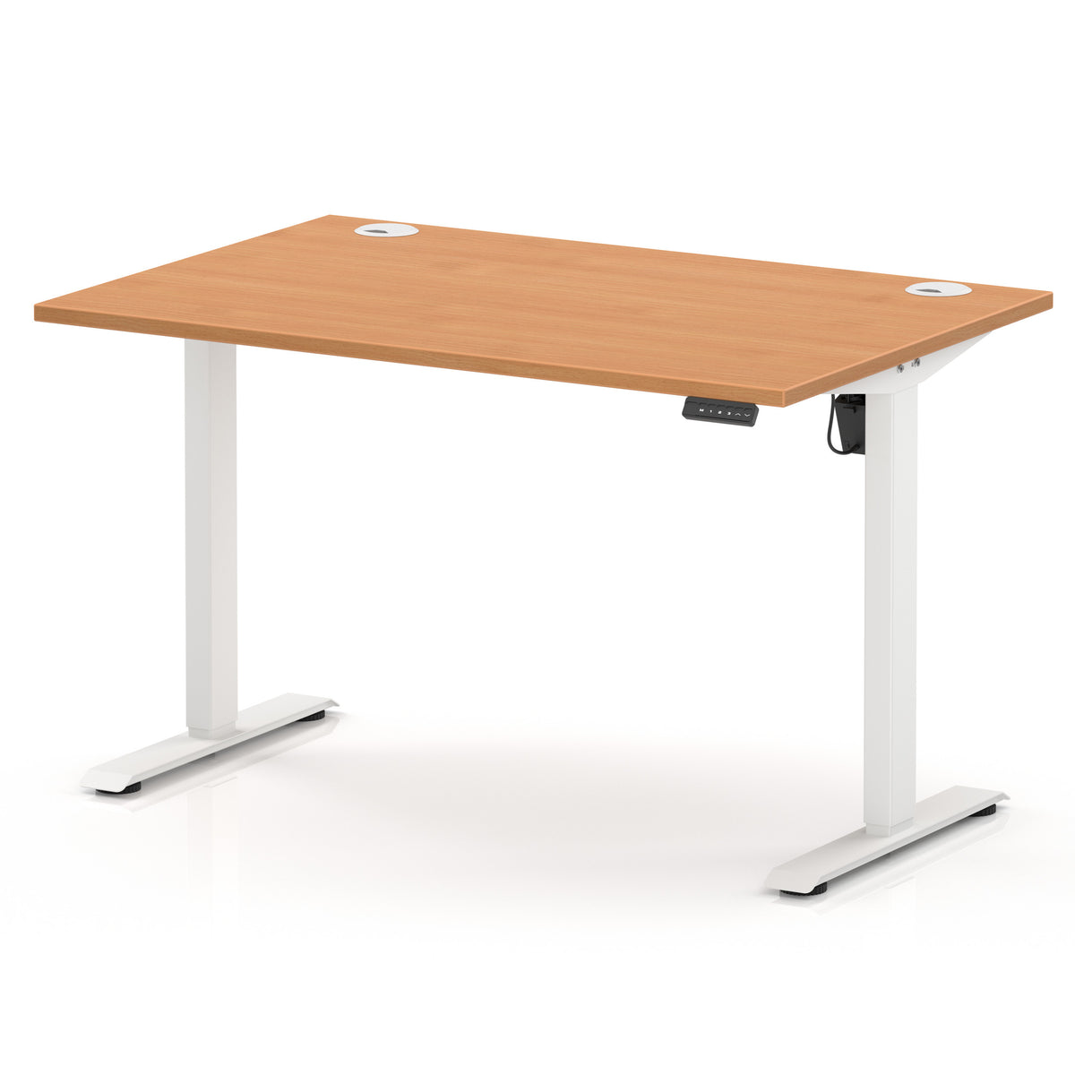 An adjustable height standing desk with a light brown wood grain top and white metal legs, shown on a clean white background.