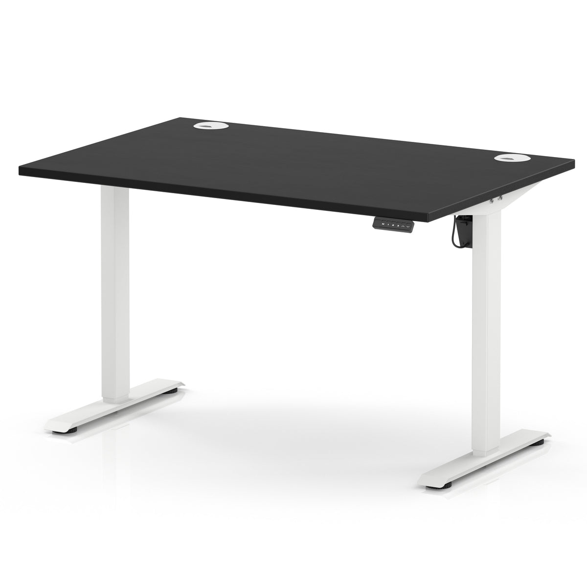 An adjustable height standing desk with a black top and white metal legs, shown on a clean white background.