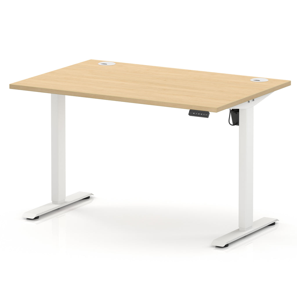 An adjustable standing desk with a light natural wood grain top and white metal legs, shown on a clean white background.