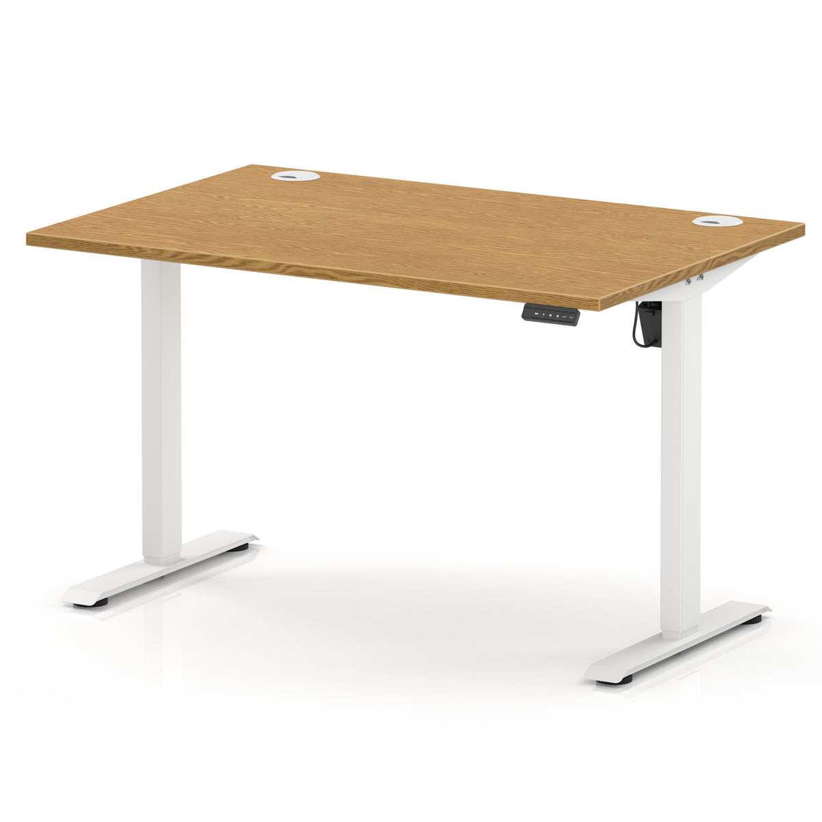 An adjustable height standing desk with a light brown wood grain top and white metal legs, shown on a clean white background.