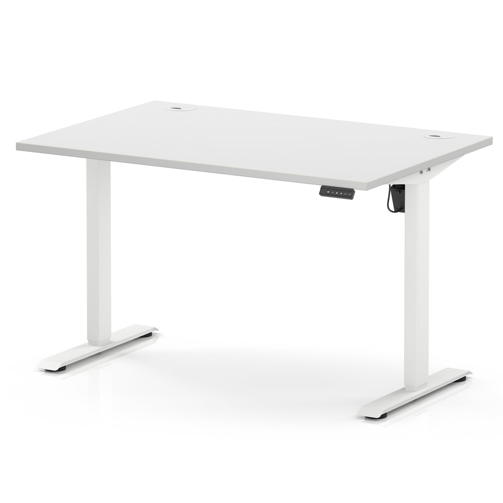 A modern white height-adjustable standing desk with a rectangular top, slim metal legs, and a small control panel on the right side, shown on a clean white background.
