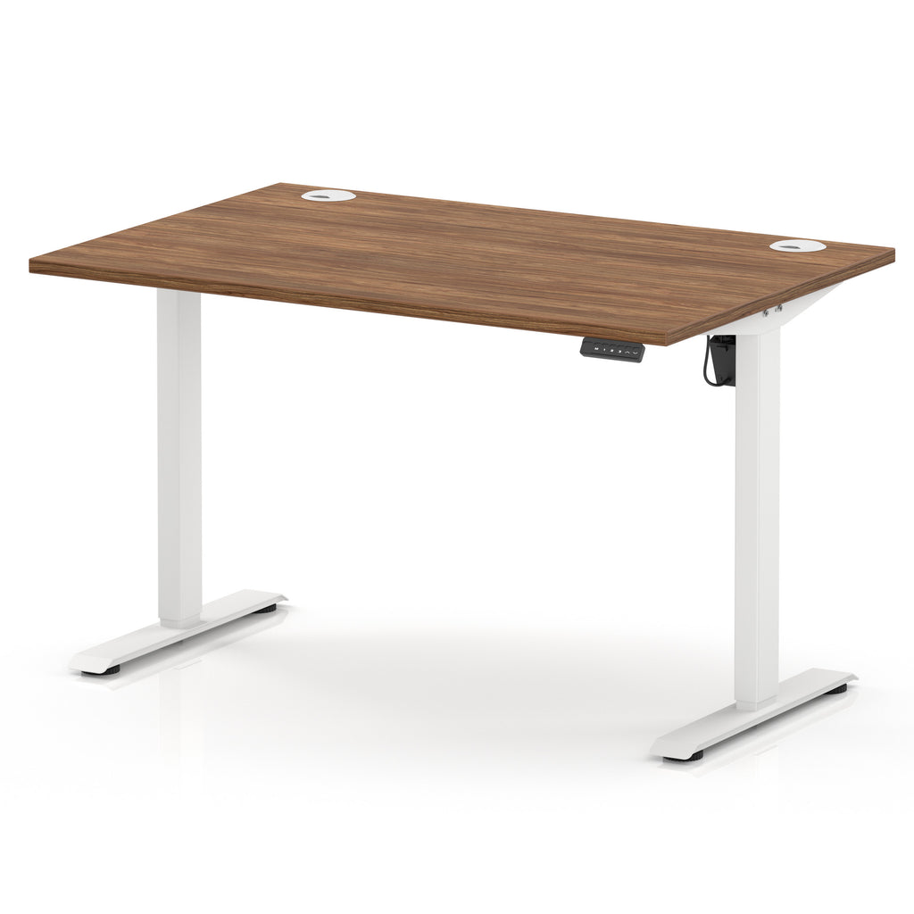 An adjustable height standing desk with a brown wood-grain top and white metal legs, shown on a clean white background.