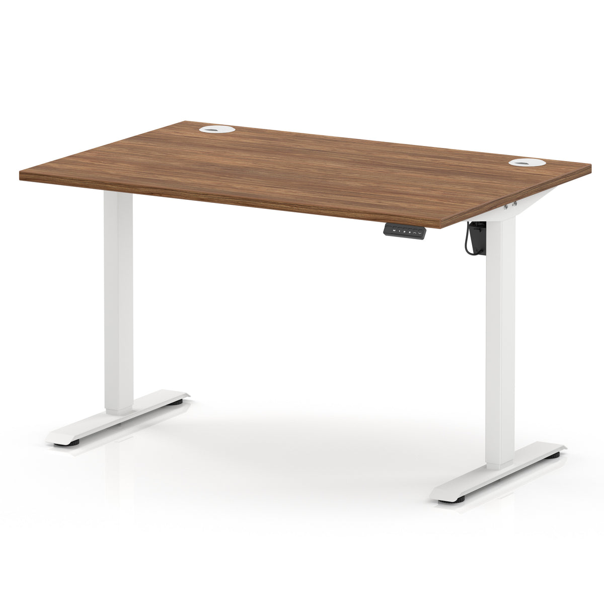 An adjustable height standing desk with a brown wood-grain top and white metal legs, shown on a clean white background.