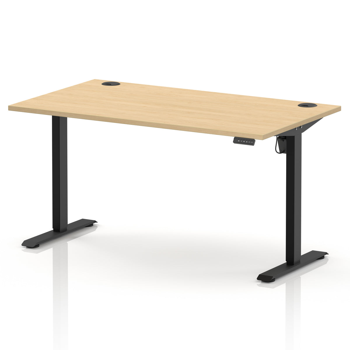 An adjustable height standing desk with a light oak wood grain top and black metal legs, shown on a clean white background.