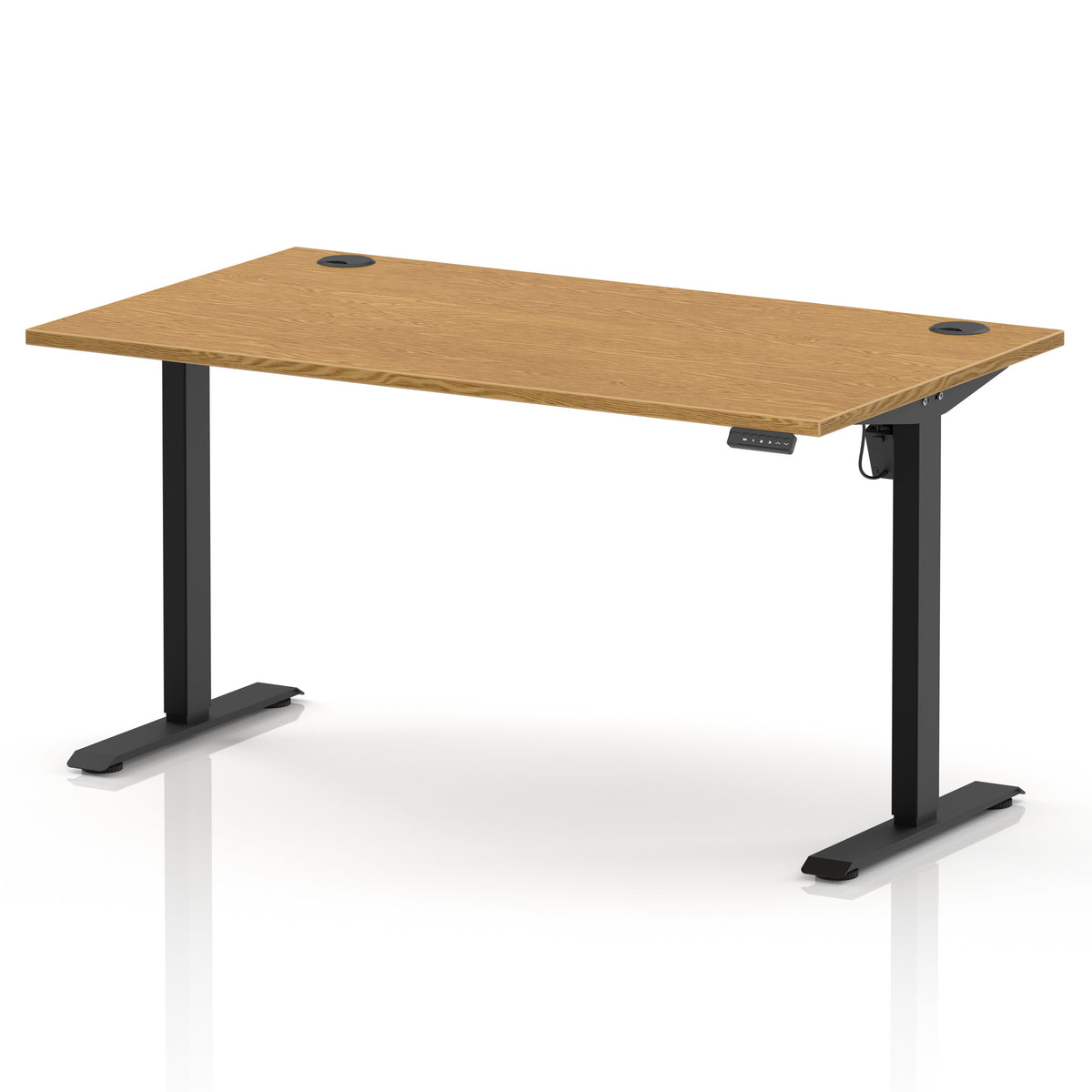 An adjustable height standing desk with a light brown wood grain top and black metal legs, shown on a white background with a soft reflection.