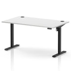 An adjustable height standing desk with a white rectangular desktop and black metal legs, shown on a clean white background.