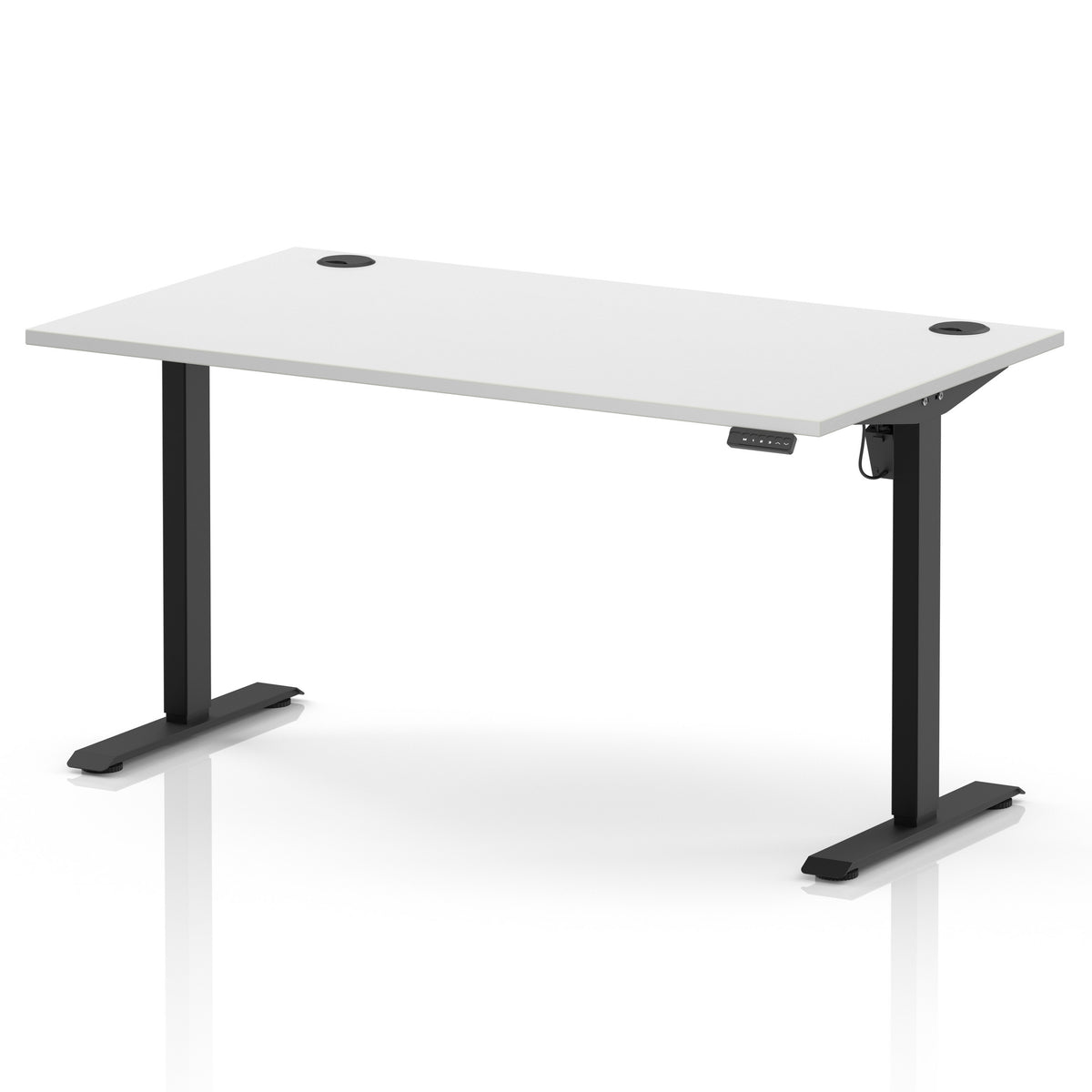 An adjustable height standing desk with a white rectangular desktop and black metal legs, shown on a clean white background.