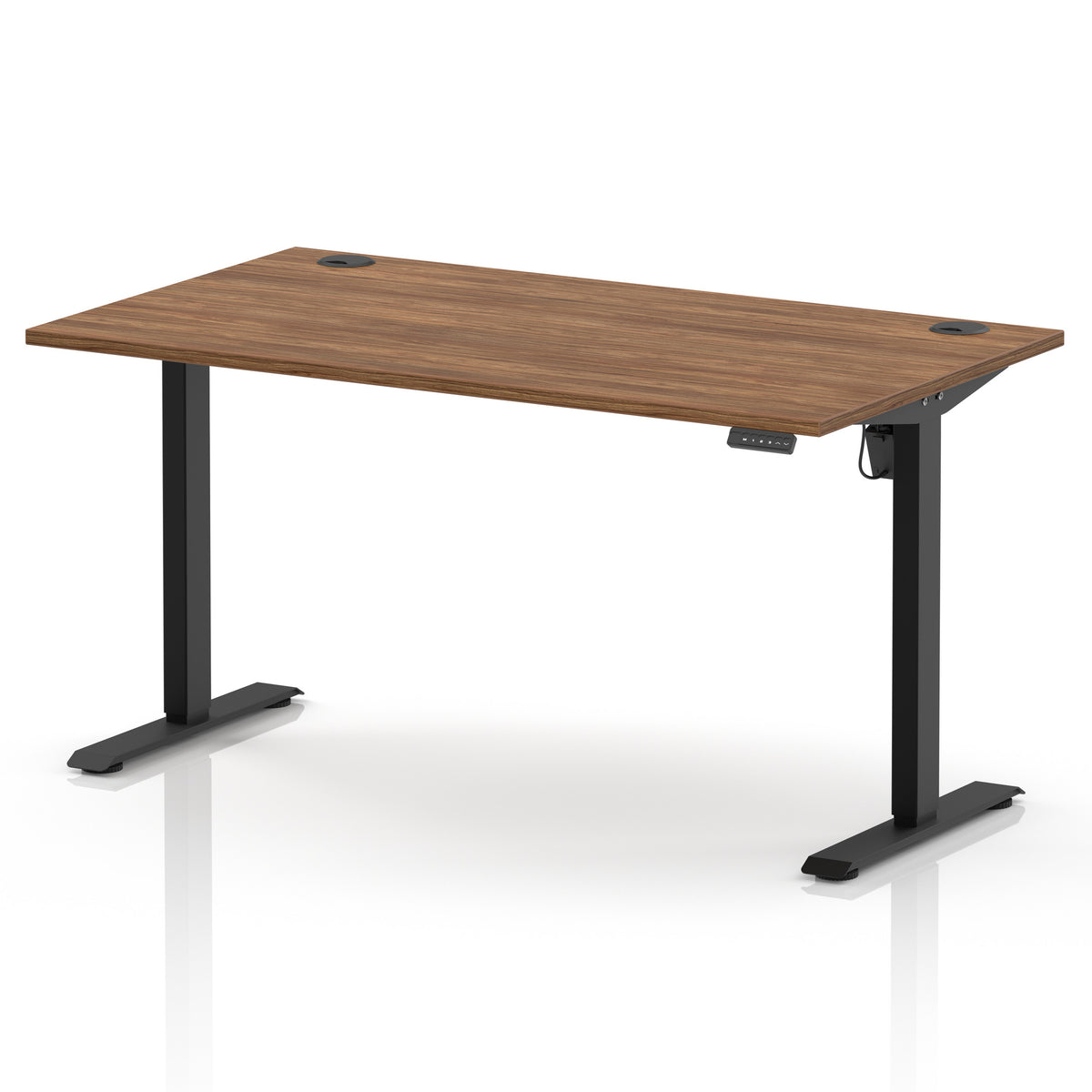 A modern height-adjustable standing desk with a brown wood-grain desktop and black metal legs, shown on a clean white background.
