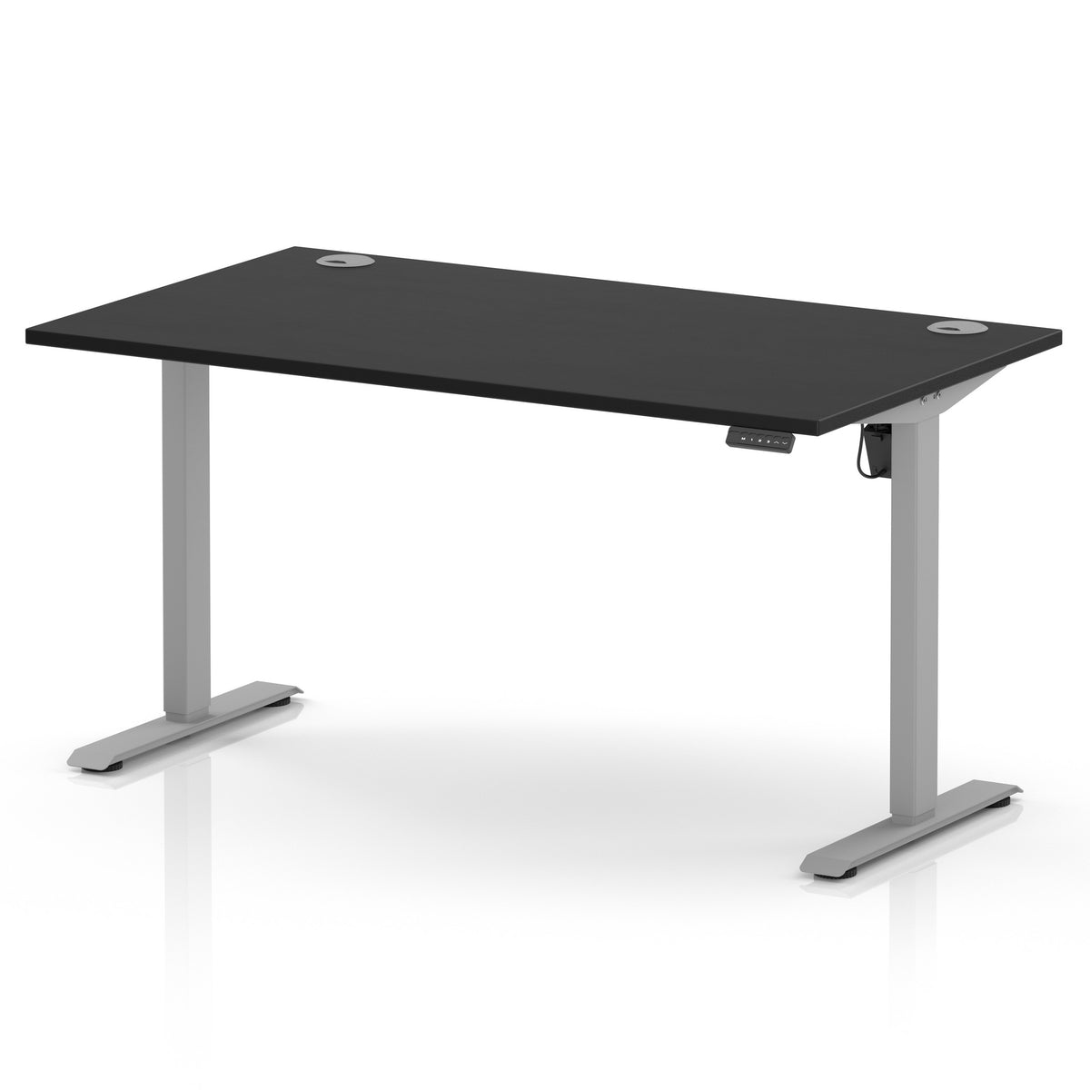 A modern standing desk with a black rectangular desktop and silver metal legs, shown on a clean white background.