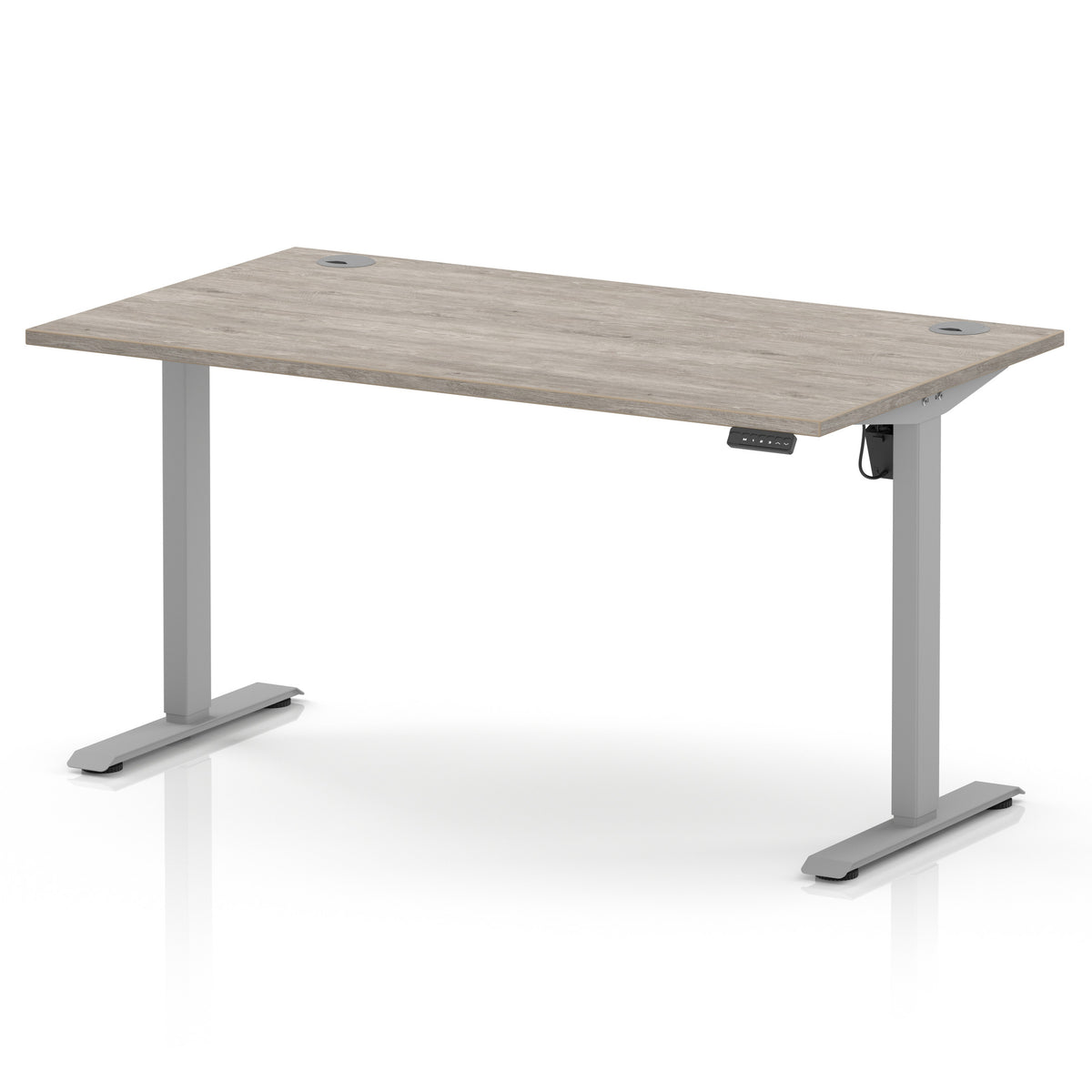 An adjustable height standing desk with a light grey wood-grain desktop and a silver metal frame with T-style legs, shown on a white background.