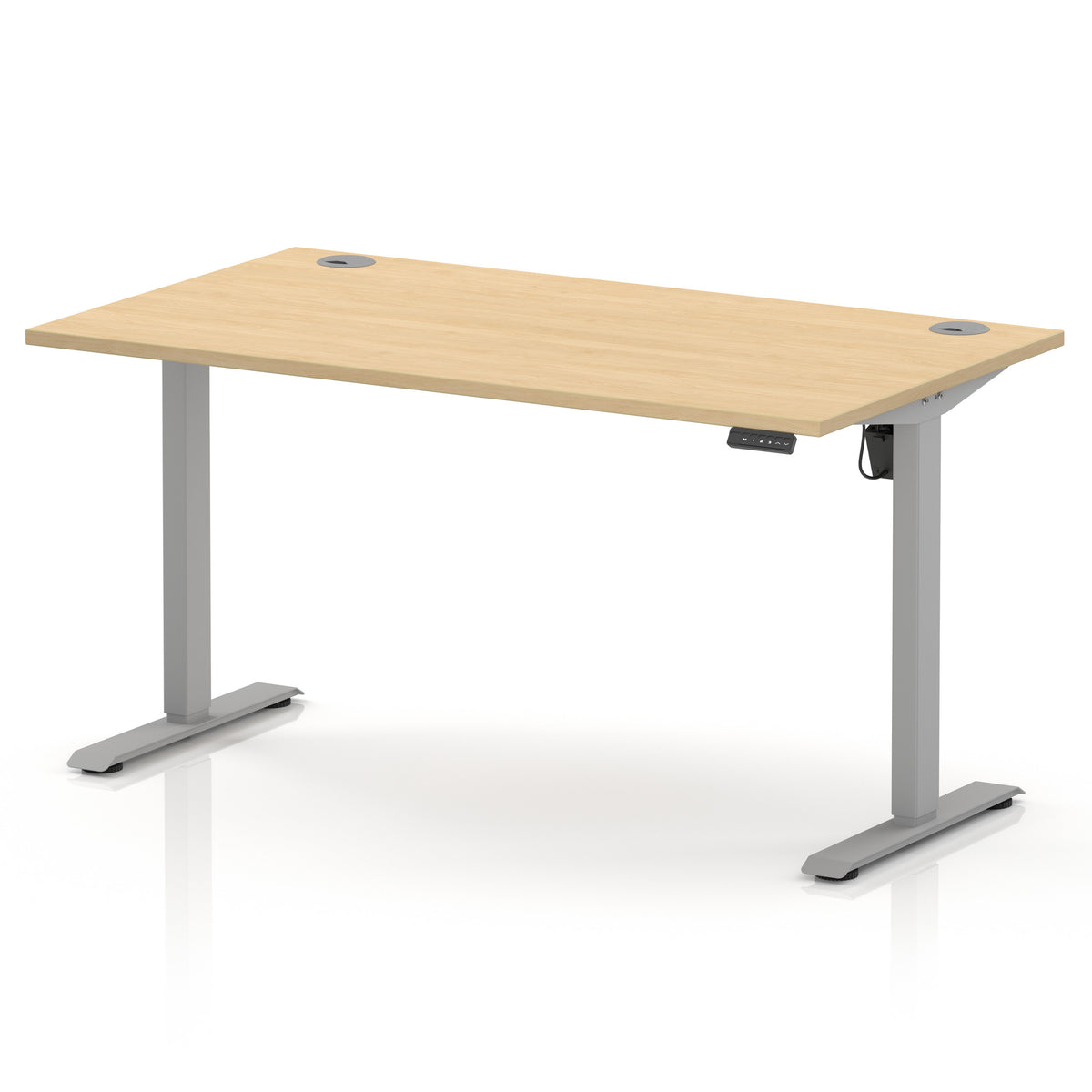 An adjustable height standing desk with a light natural wood grain top and a silver metal frame with T-style legs, shown on a white background.