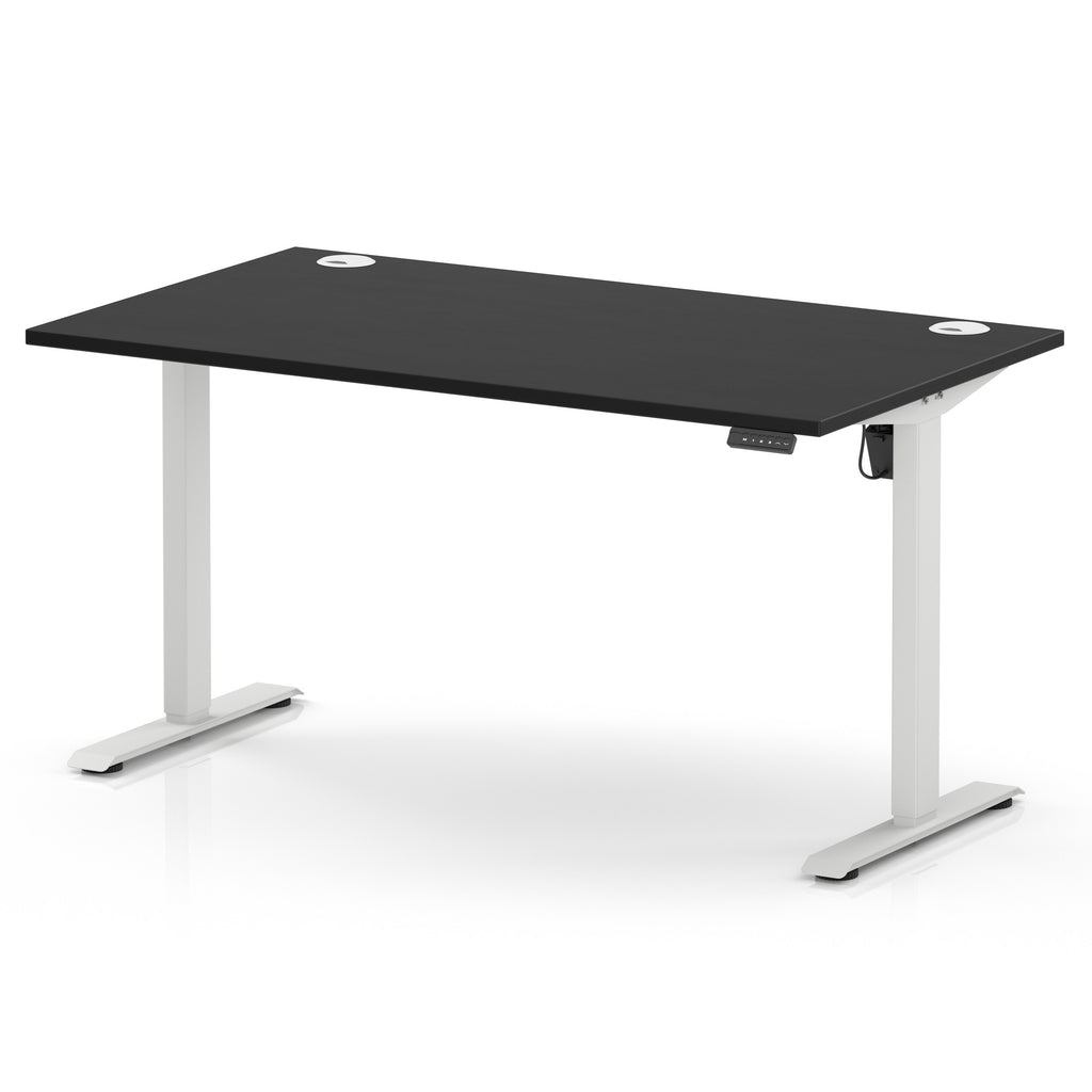 An electric height-adjustable standing desk with a black rectangular desktop and white metal legs, shown on a clean white background.