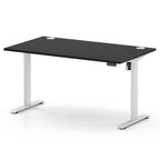 An electric height-adjustable standing desk with a black rectangular desktop and white metal legs, shown on a clean white background.