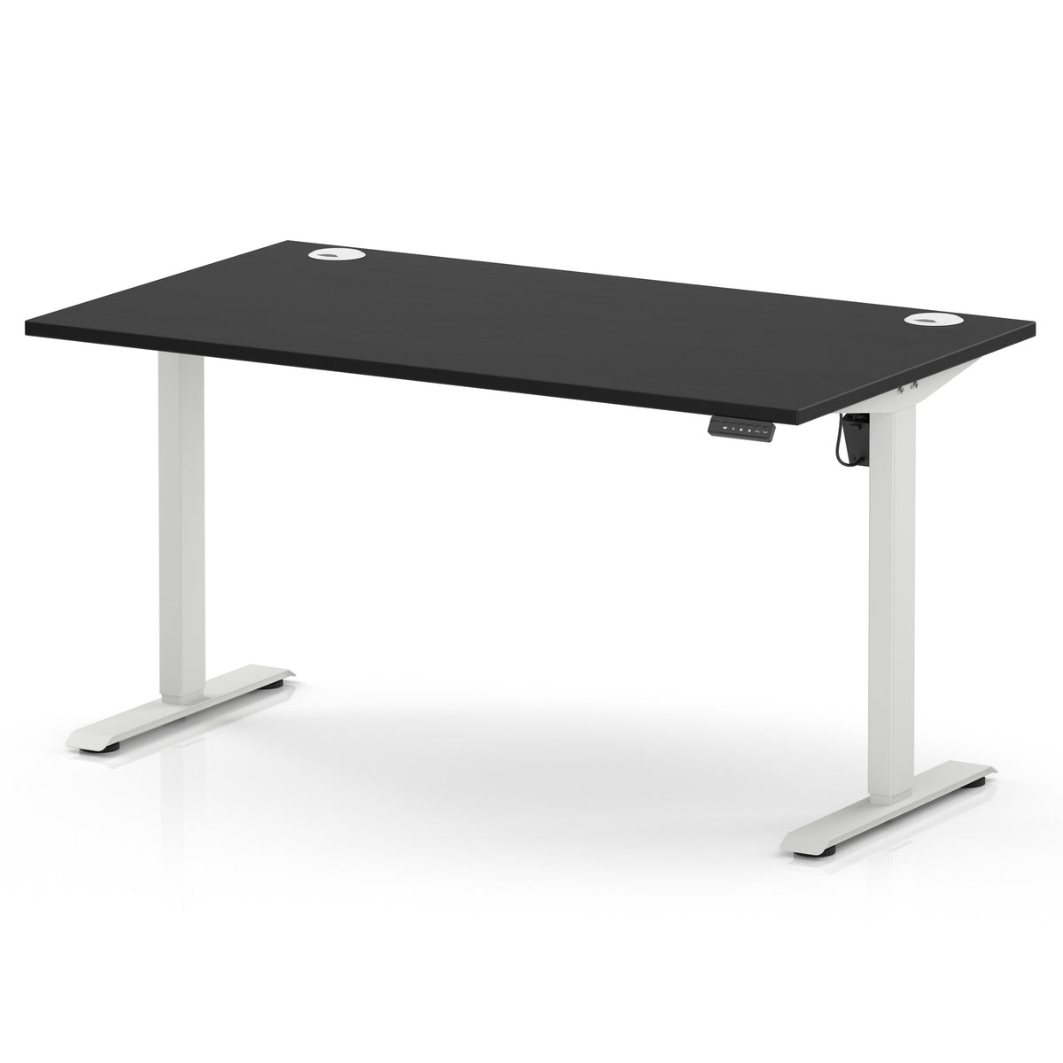 An electric height-adjustable standing desk with a black rectangular desktop and white metal legs, shown on a clean white background.