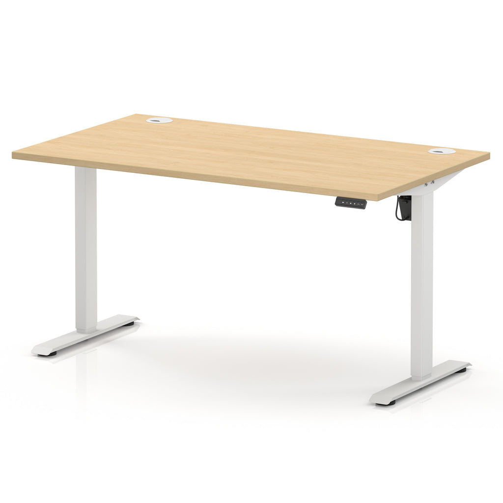 An adjustable height standing desk with a light natural wood grain top and white metal legs, shown on a clean white background.