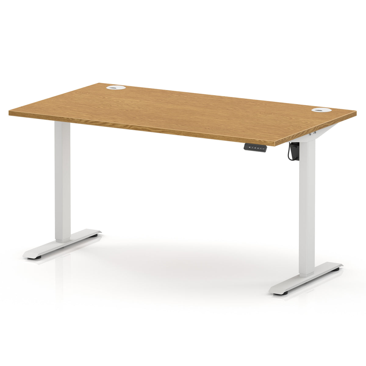 An adjustable height standing desk with a light brown wood grain top and white metal legs, shown on a clean white background.