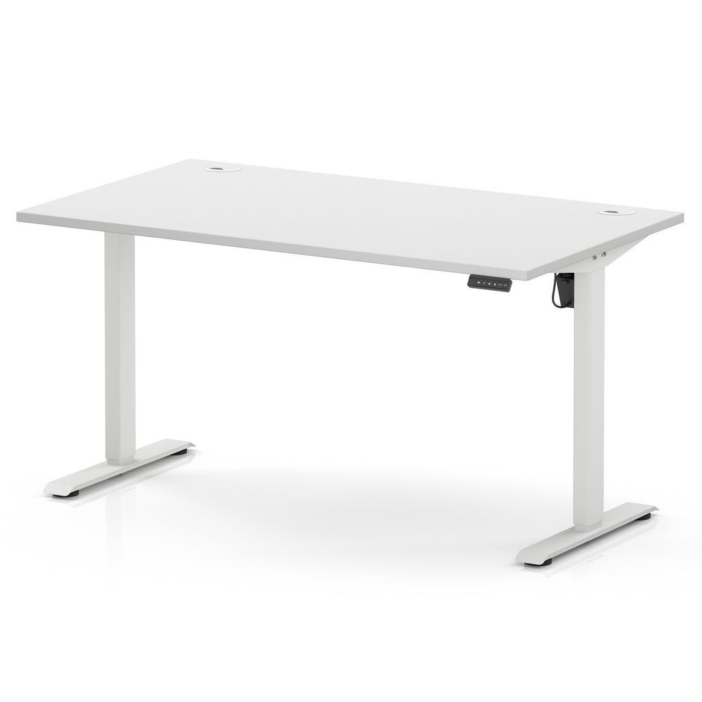 A white adjustable height standing desk with a rectangular top and two metal legs, shown on a clean white background.