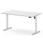 A white adjustable height standing desk with a rectangular top and two metal legs, shown on a clean white background.