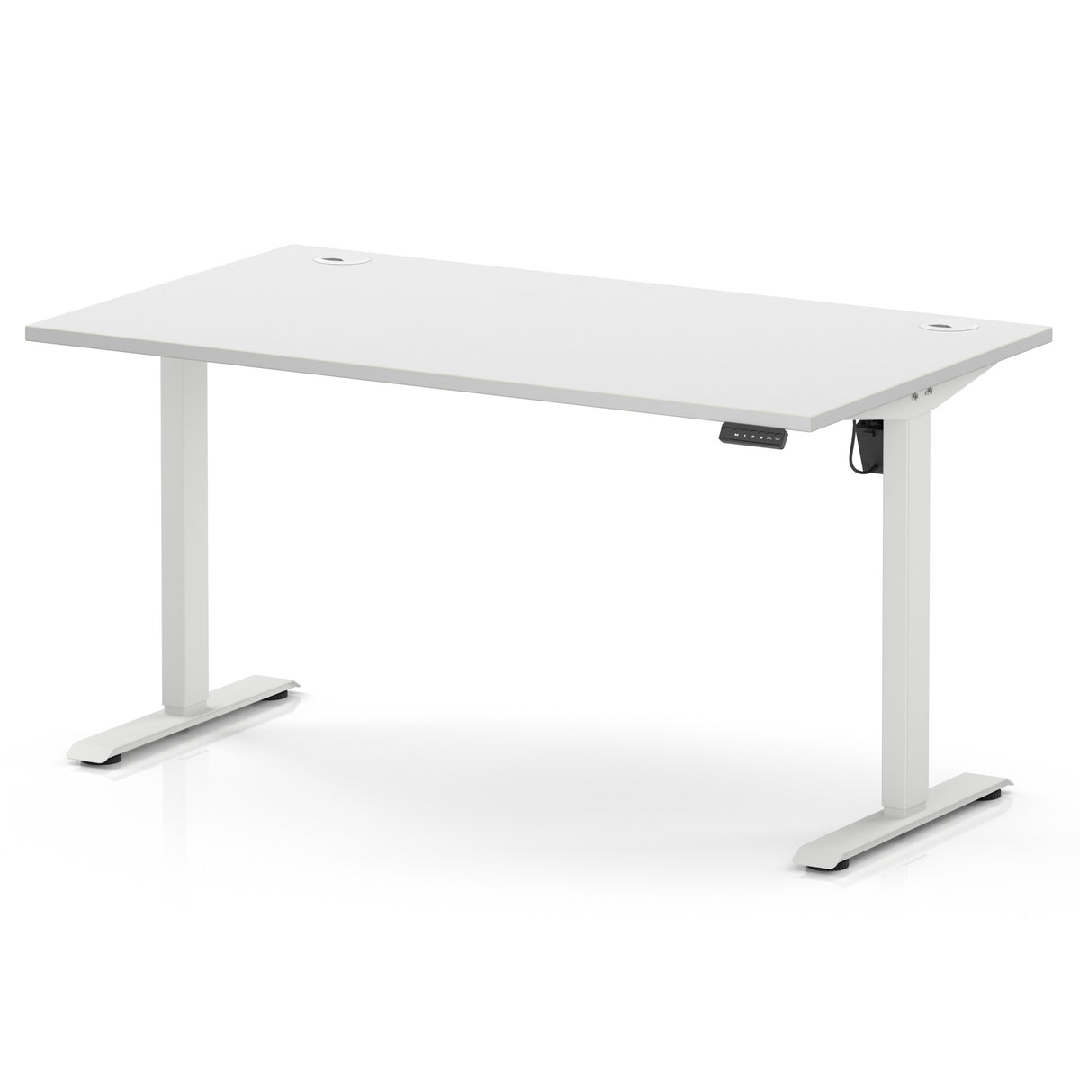 A white adjustable height standing desk with a rectangular top and two metal legs, shown on a clean white background.