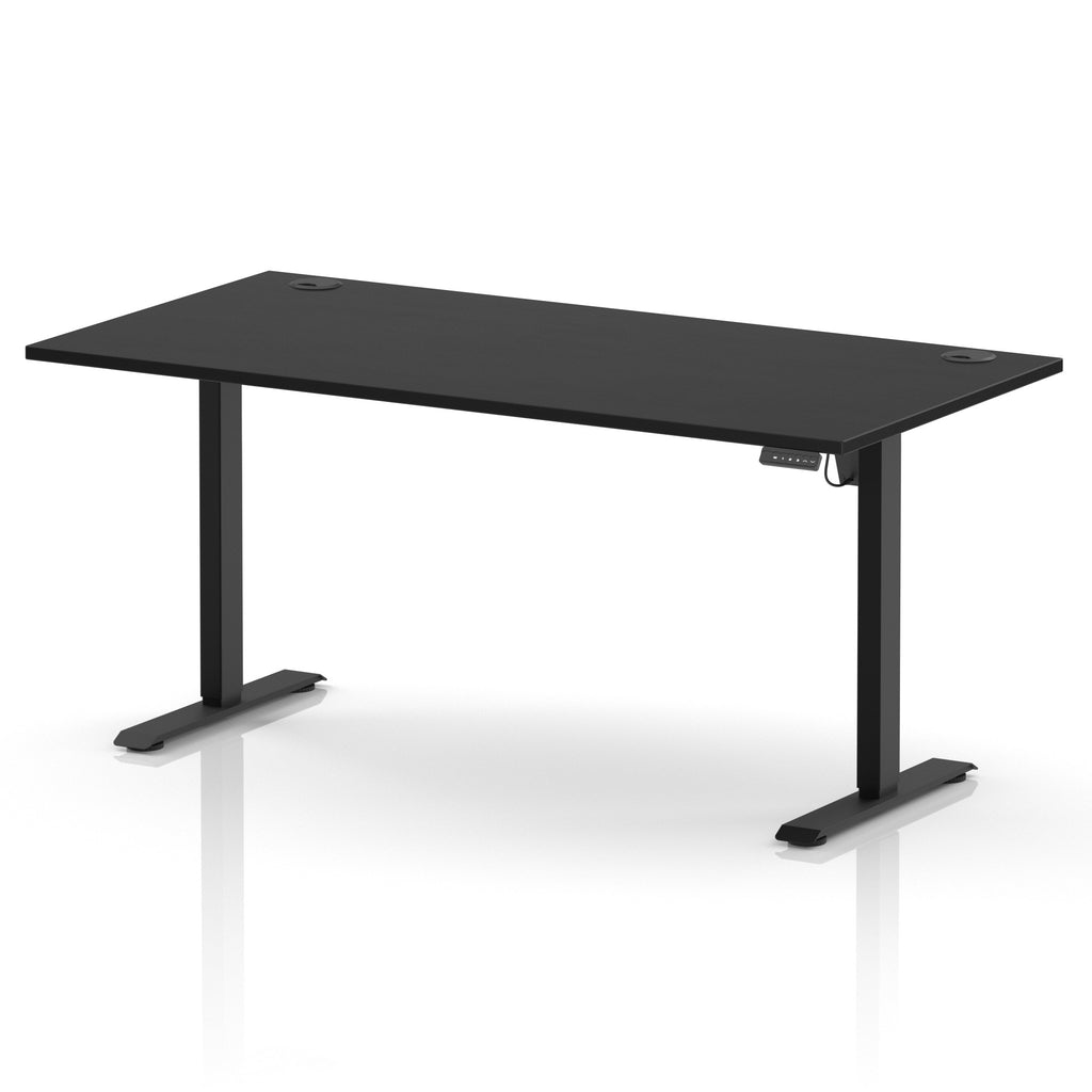 A modern black adjustable height standing desk with a rectangular top and two T-style metal legs, shown on a clean white background with a subtle reflection.