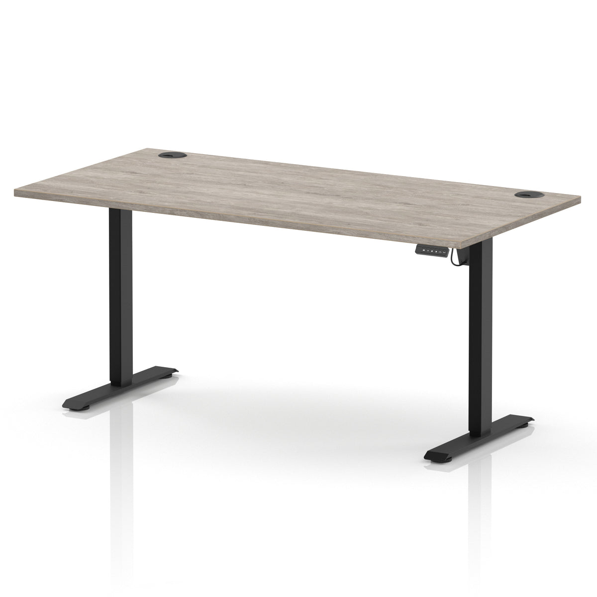 A modern height-adjustable standing desk with a light grey wood-grain desktop and black metal legs, shown on a clean white background.