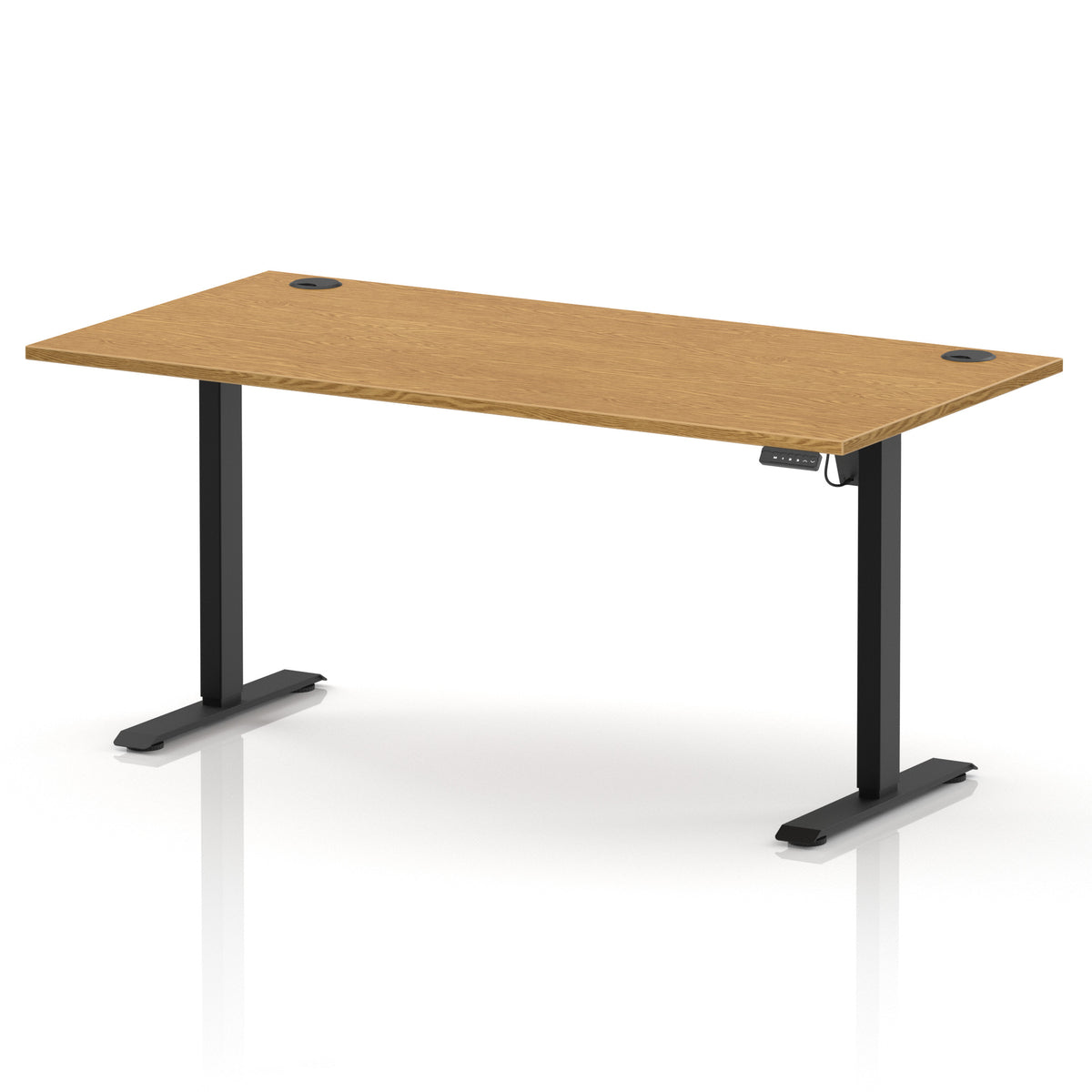 An adjustable standing desk with a light oak wood grain top and black metal legs, shown on a clean white background with a subtle reflection.