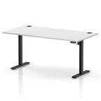 A modern height-adjustable standing desk with a white rectangular desktop and black metal legs, shown on a clean white background.