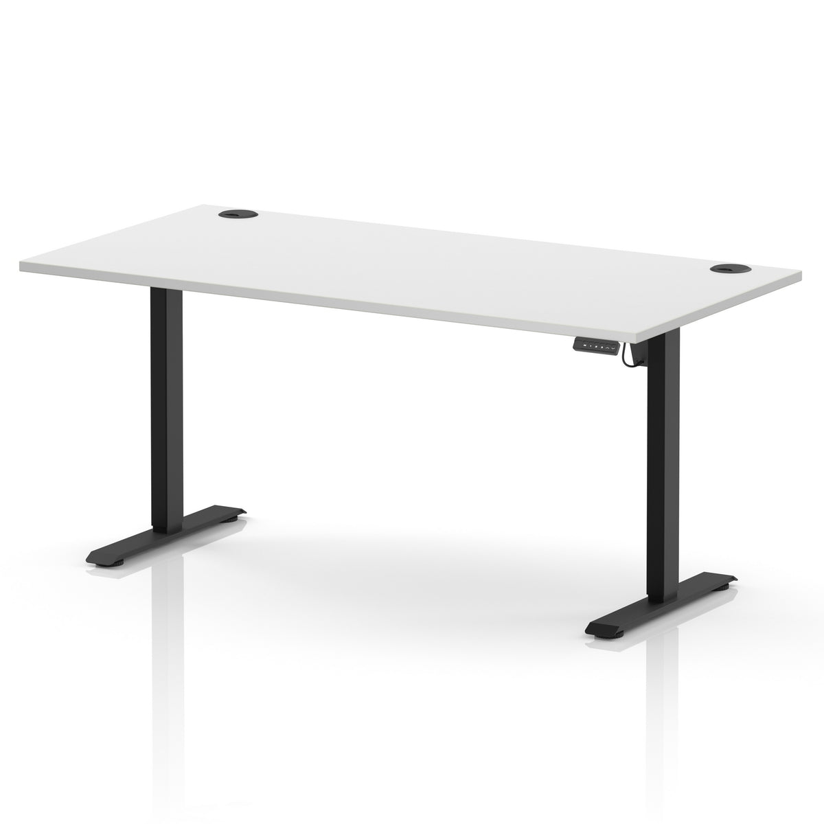 A modern height-adjustable standing desk with a white rectangular desktop and black metal legs, shown on a clean white background.