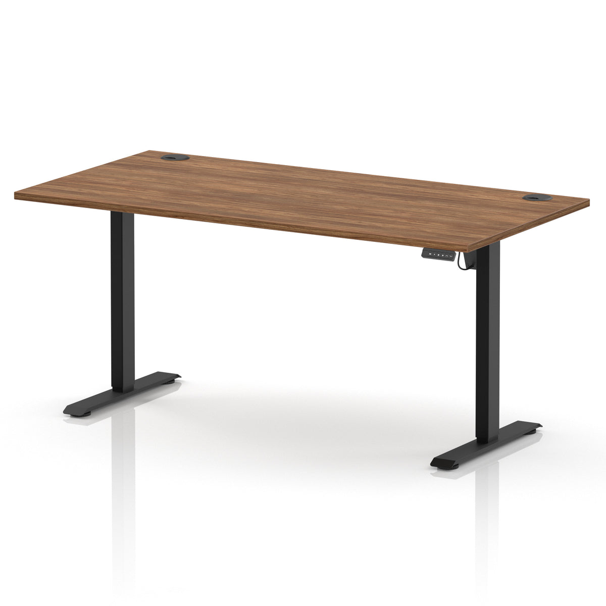An adjustable height standing desk with a medium brown wood-grain desktop and black metal legs, shown on a white background with a soft reflection.