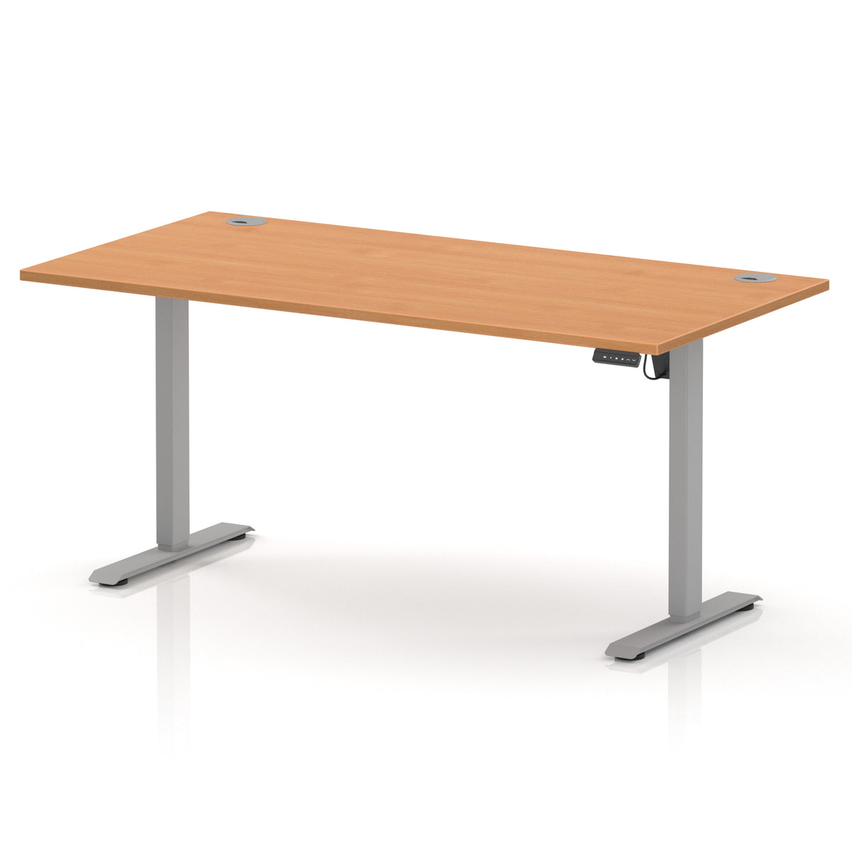 An adjustable height office desk with a light oak wood grain top and a silver metal pedestal base, shown on a clean white background.