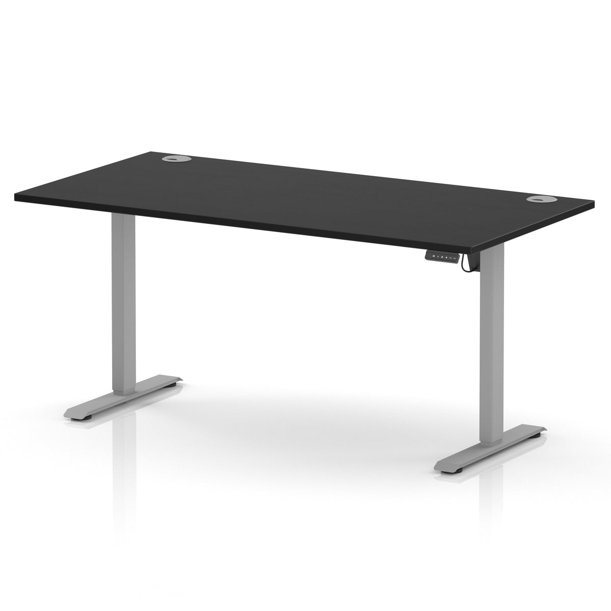 A modern height-adjustable standing desk with a black rectangular desktop and silver metal legs, shown on a clean white background.
