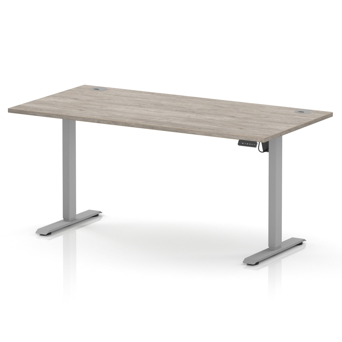 An adjustable height standing desk with a light grey wood-grain desktop and a silver metal frame with T-style legs, shown on a white background.