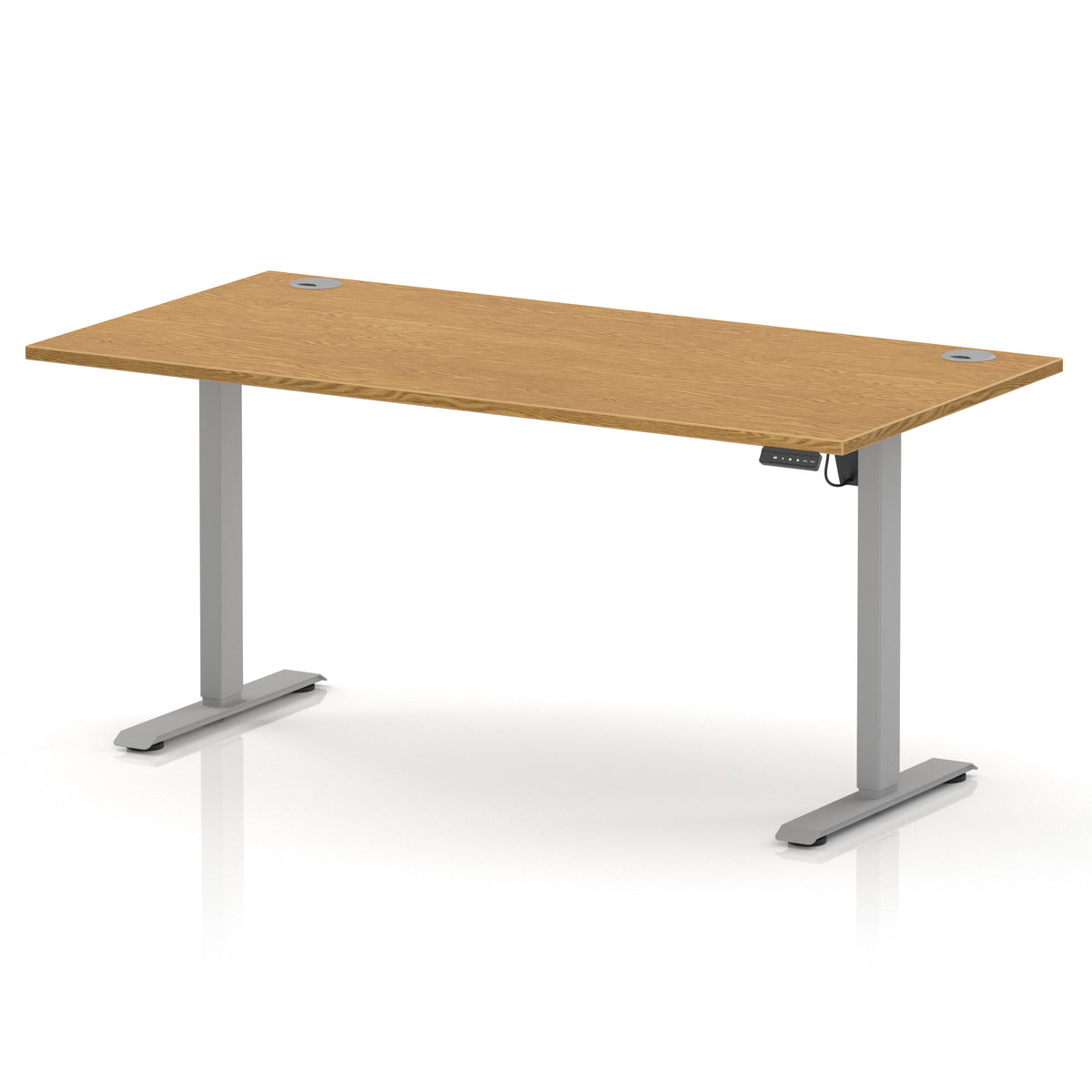An adjustable height standing desk with a light oak wood grain top and a silver metal frame with dual pedestal legs.