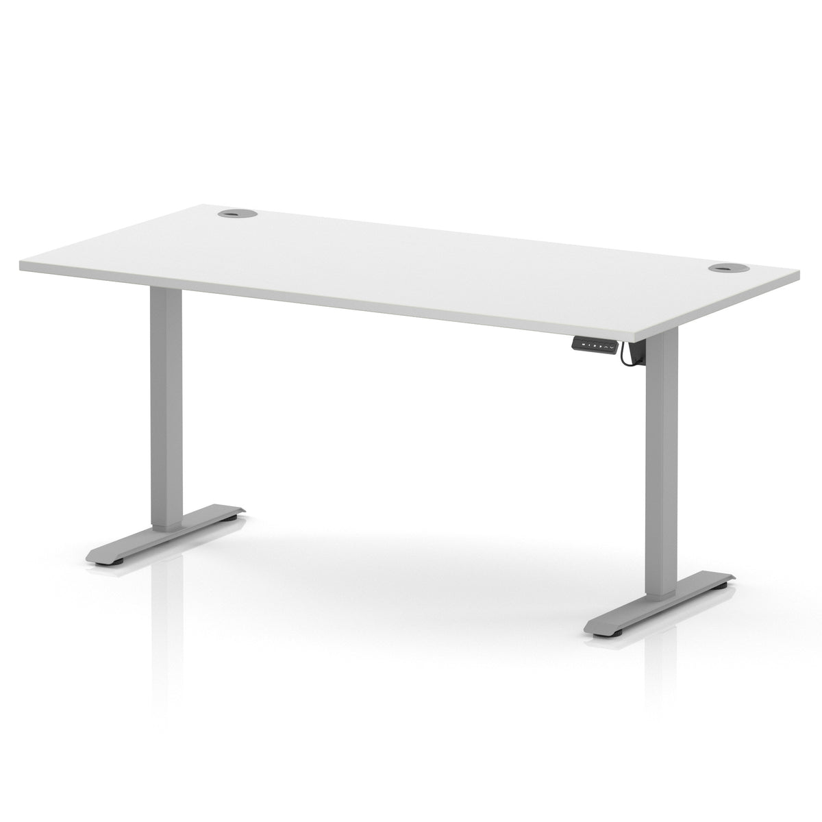 A modern height-adjustable standing desk with a white rectangular desktop and silver metal legs, shown on a clean white background.