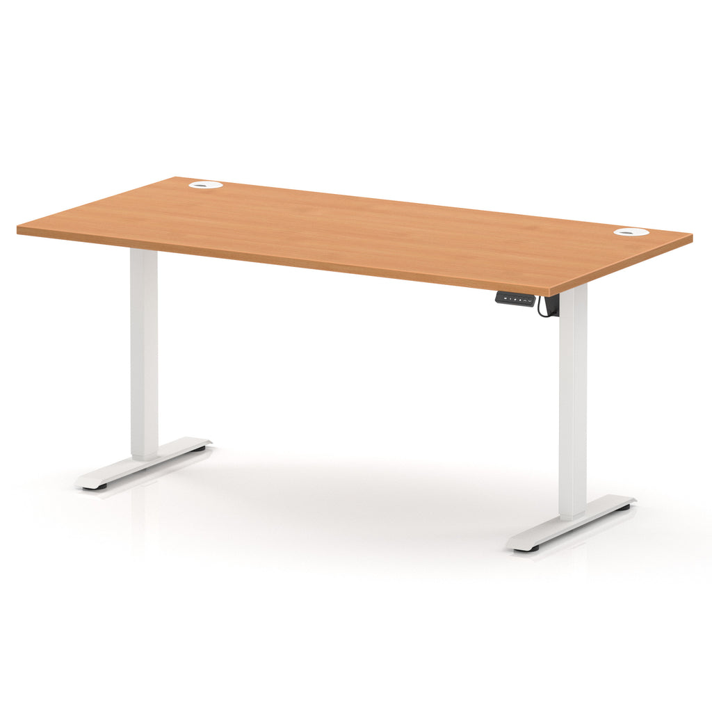 An adjustable height standing desk with a light brown wood grain top and white metal legs, shown on a clean white background.