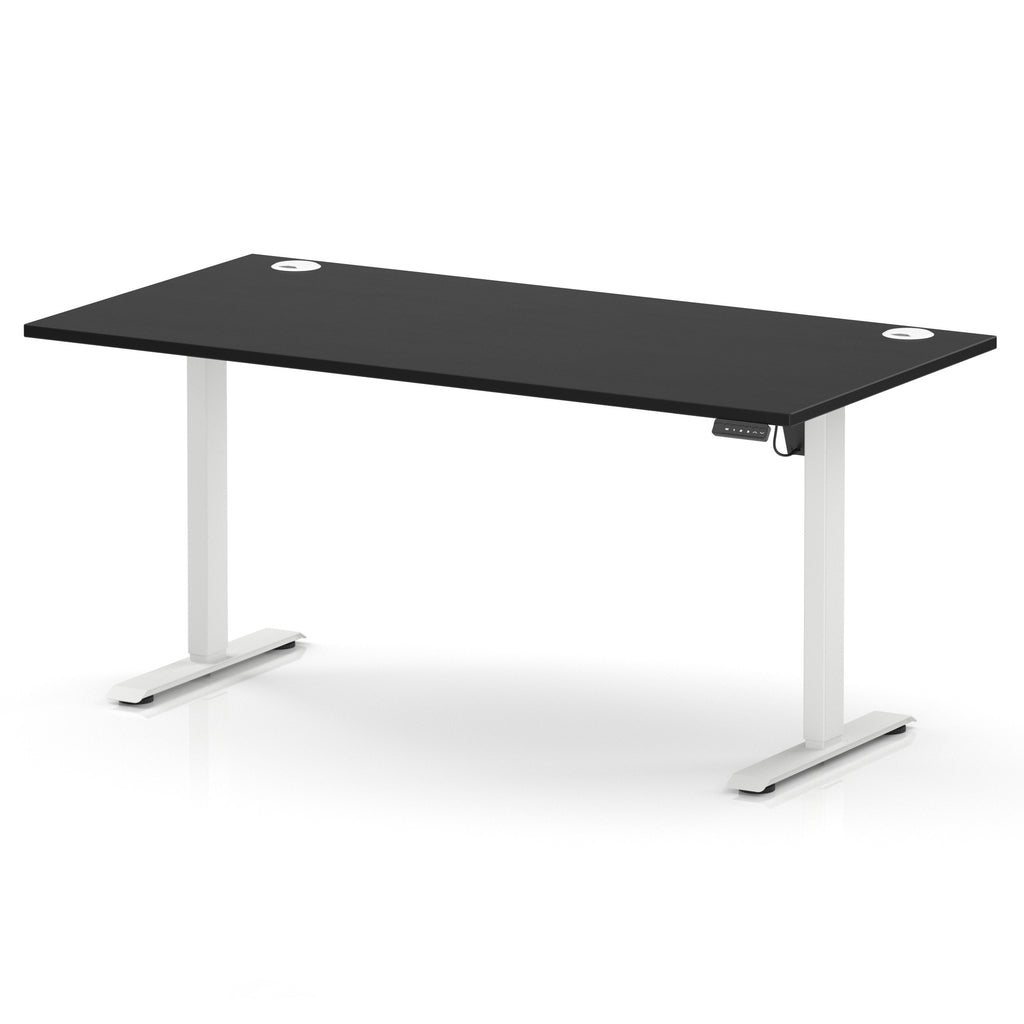 A modern height-adjustable standing desk with a black rectangular desktop and white metal legs, shown on a clean white background.