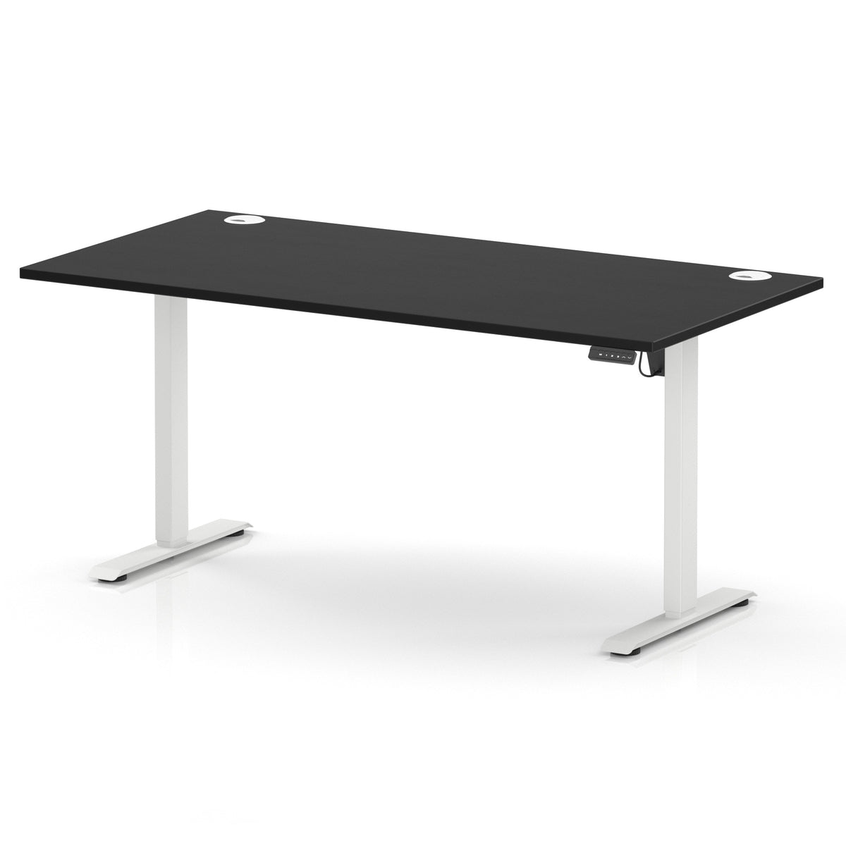 A modern height-adjustable standing desk with a black rectangular desktop and white metal legs, shown on a clean white background.