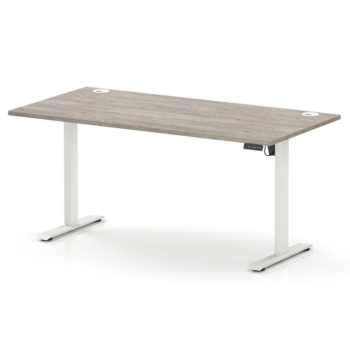 A modern height-adjustable standing desk with a light grey wood-grain top and white metal legs, shown on a clean white background.