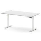 A modern white adjustable height standing desk with a flat rectangular top and two slim metal legs, shown on a clean white background.
