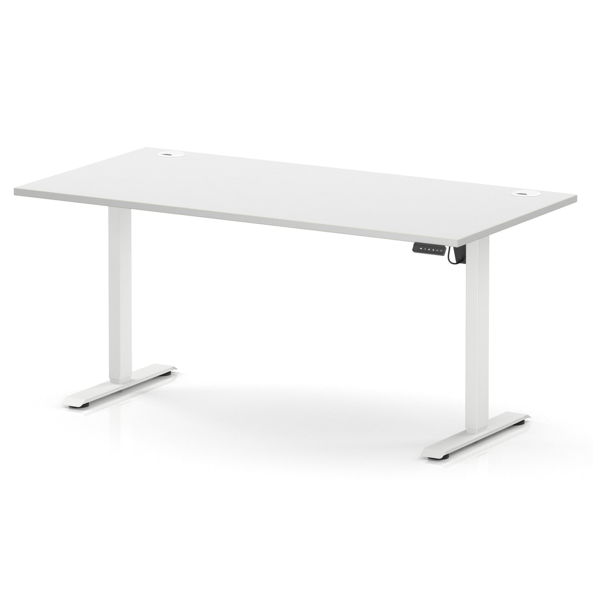 A modern white adjustable height standing desk with a flat rectangular top and two slim metal legs, shown on a clean white background.