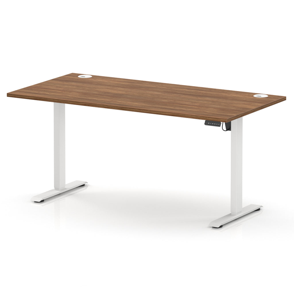 An adjustable height standing desk with a medium brown wood-grain desktop and white metal legs, shown on a clean white background.
