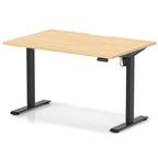 Height adjustable desk with wood-effect top and black frame on a white background