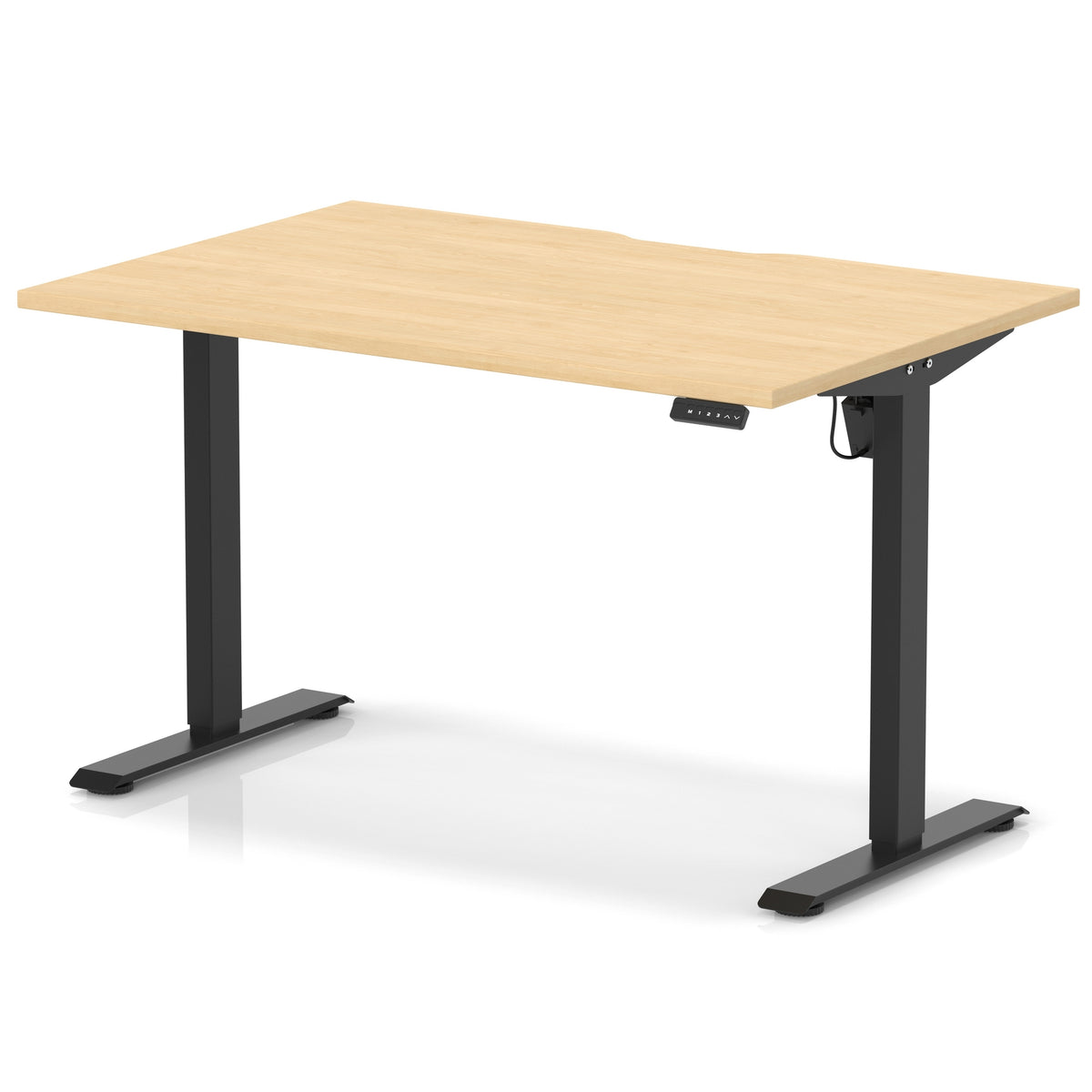 Height adjustable desk with wood-effect top and black frame on a white background