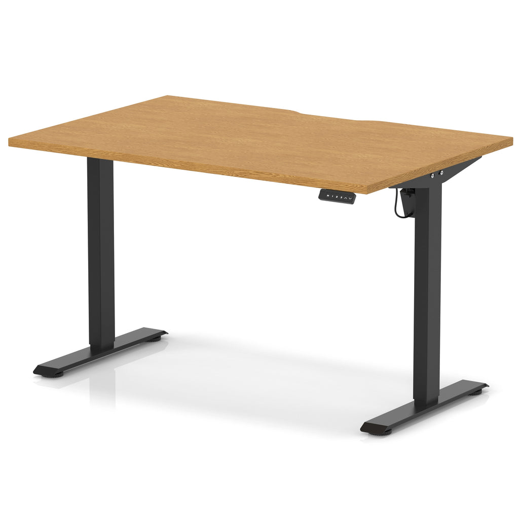 Height adjustable desk with wood-effect top and black frame on a white background