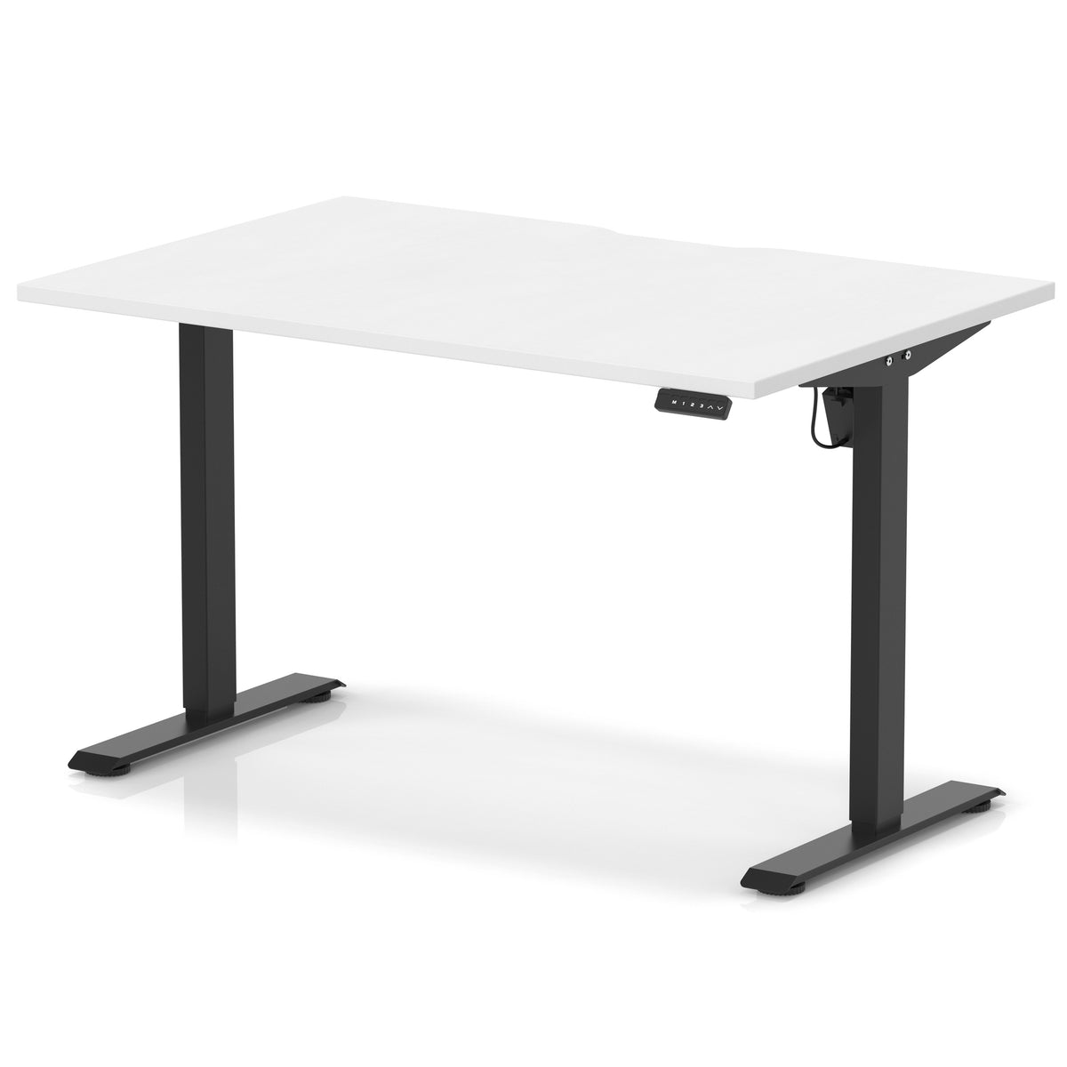 Height adjustable desk with white top and black frame on a white background