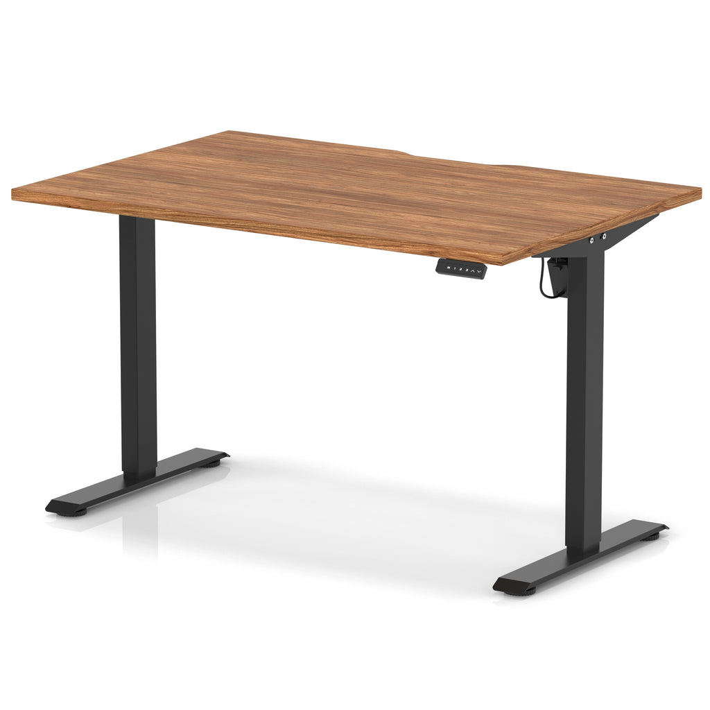 Height adjustable desk with wood-effect top and black frame on a white background