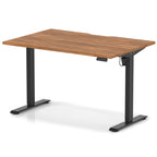 Height adjustable desk with wood-effect top and black frame on a white background